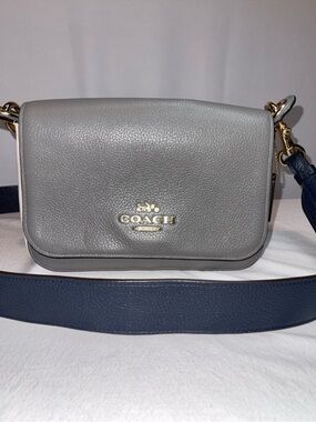 Coach JES Gray and Chalk Pebbled Leather Crossbody with Navy Strap